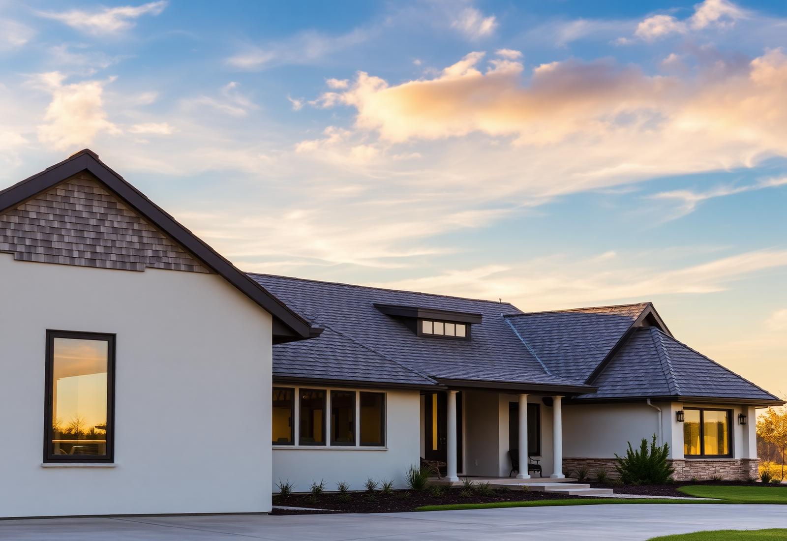 Central Texas home with a premium architectural shingle roof at golden hour